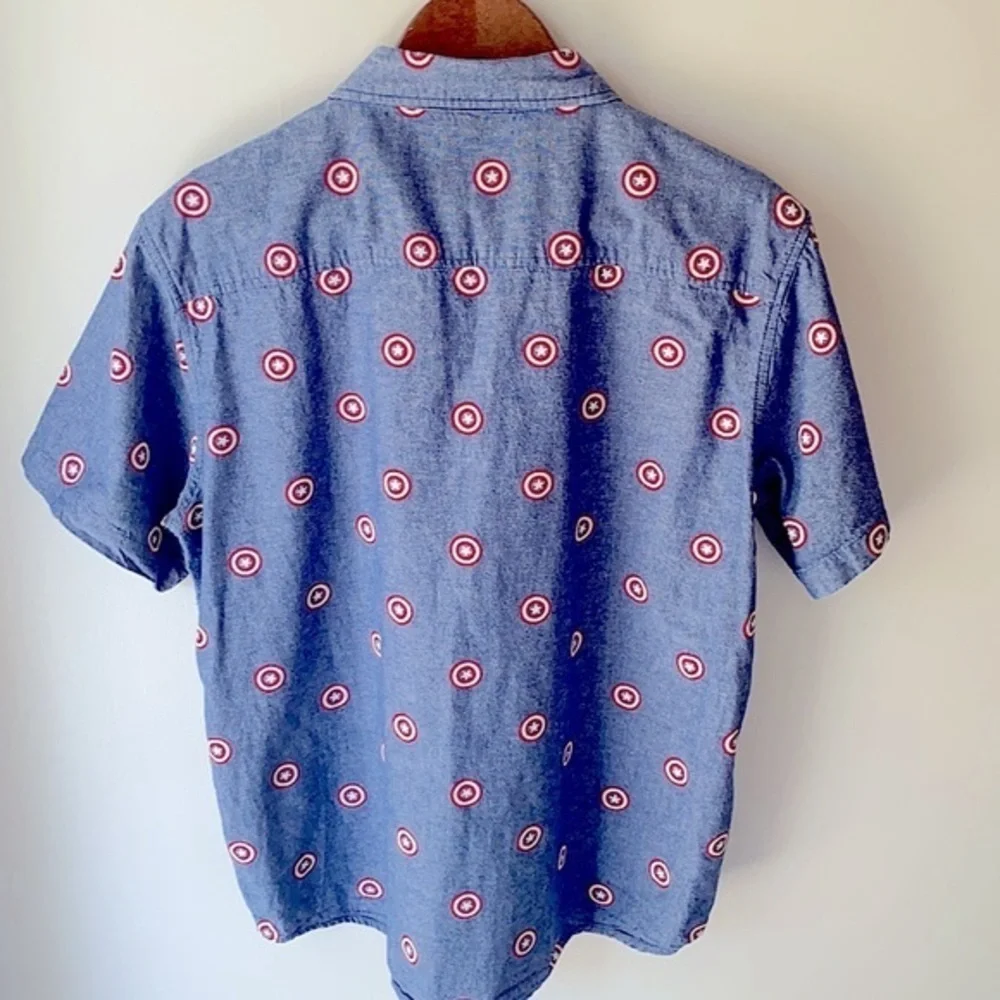 Marvel Captain America Casual Button Down Short Sleeves Chambray Shirt Sz L - Picture 2 of 10